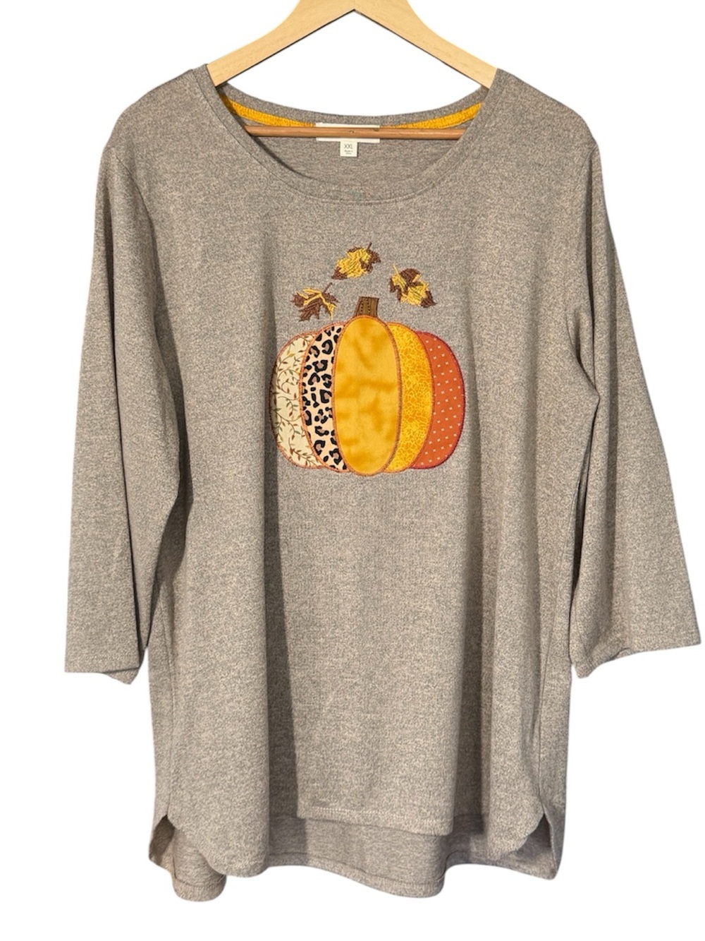 Clover + Pine Pumpkin Applique Fall Knit Tunic Top Size XXL Grey 3/4 Sleeve